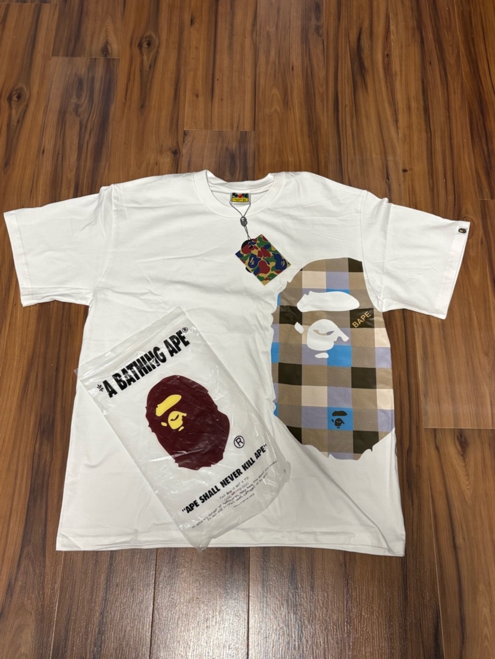 Bape White Tee with Multicolor Camo Ape Tag